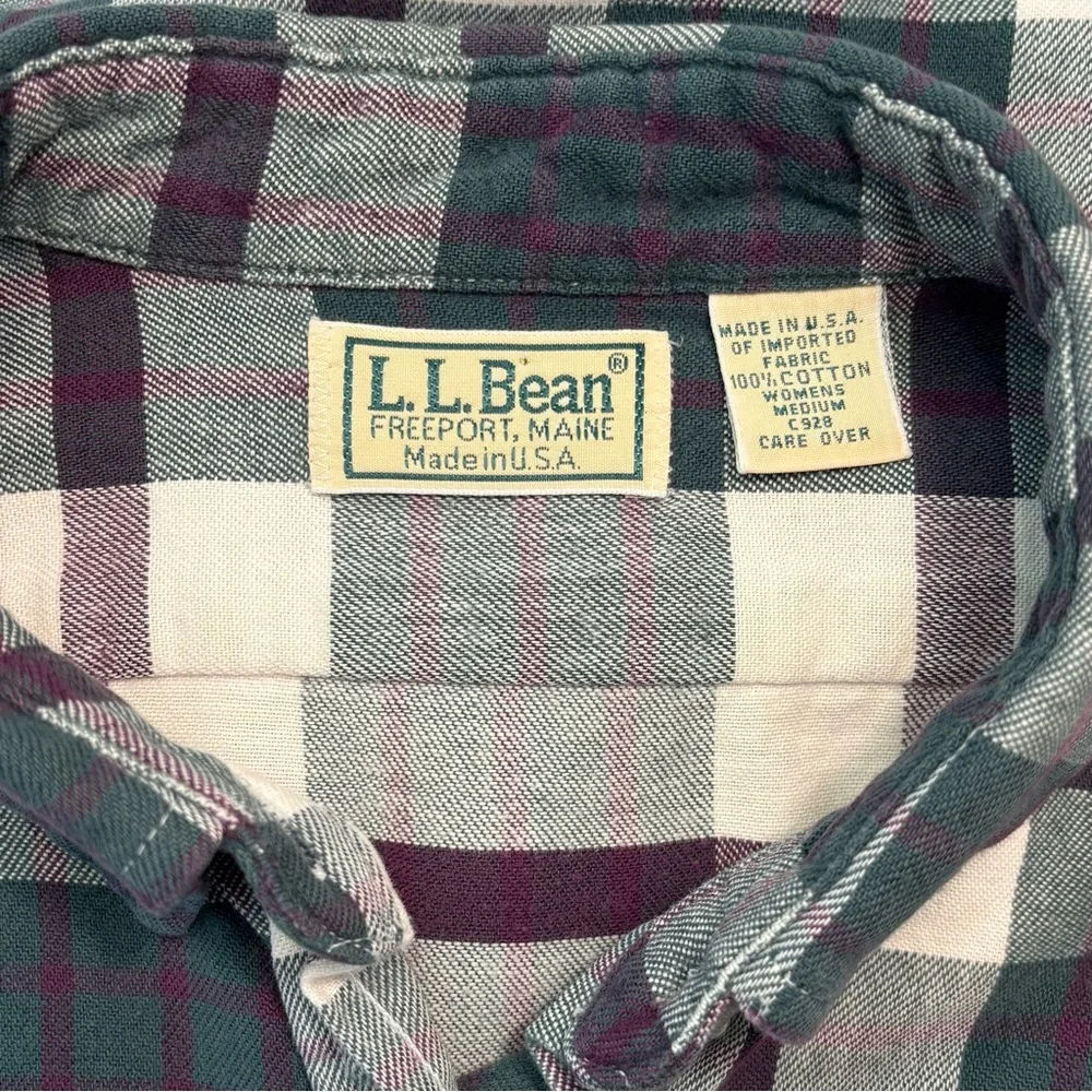 VTG L.L. Bean USA Classic Flannel Shirt, Women Sz M Plaid Green Plum, Midweight - Picture 3 of 12